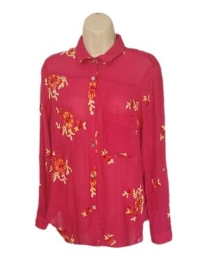 Fig and Flower Shirt Embroidered Floral Button-Down Fuschia Size M